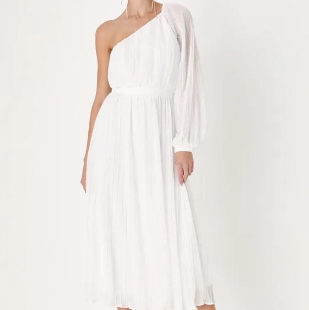 Lulu's White One-Shoulder Pleated Midi Dress